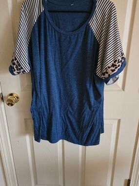 Blue Raglan Tee with Striped & Leopard Sleeve Detail